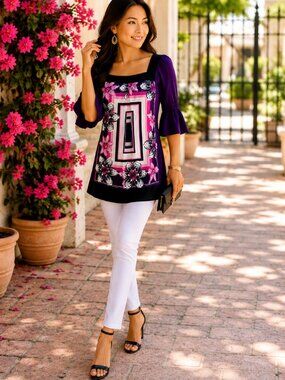 2B Bebe Purple Floral Boho Tunic Top Tie Back Bell Sleeve Small